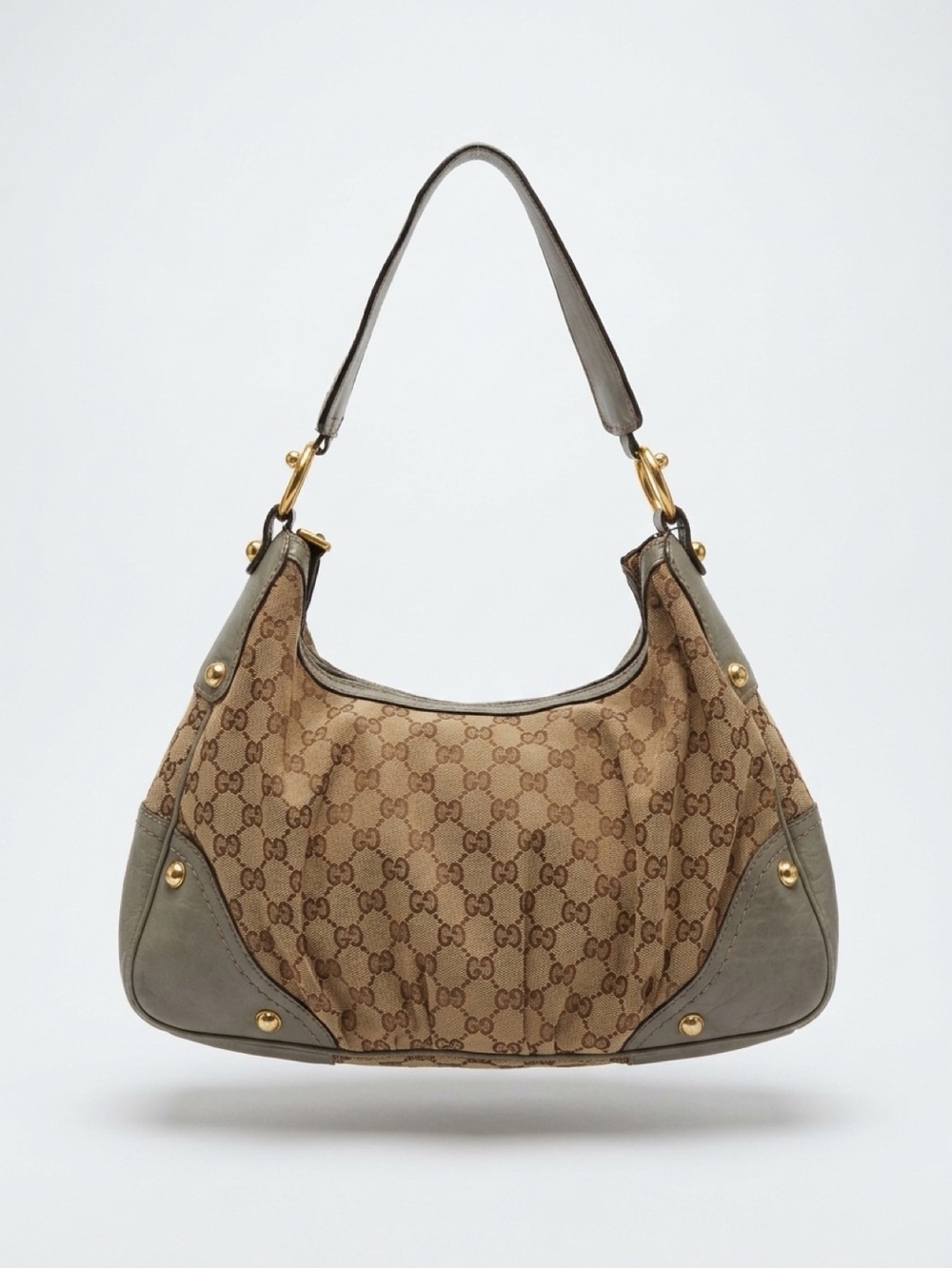 Gucci Brown GG Jockey Canvas Hobo with Taupe Trim and Gold Hardware